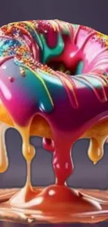 Colorful donut with vibrant dripping icing and sprinkles.