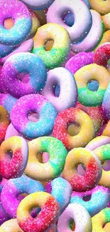 Colorful mobile phone wallpaper with vibrant donuts in various playful hues.