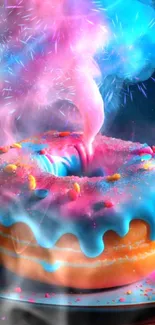 Vibrant donut with colorful frosting and smoke, perfect for wallpaper.