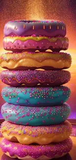 Stack of colorful donuts with vibrant sprinkles and artistic flair.