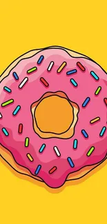 Pink frosted donut with rainbow sprinkles on a yellow background.