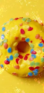 Bright yellow donut with colorful sprinkles on a playful background.