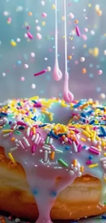 Colorful donut with pink icing and sprinkles wallpaper.