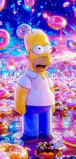 Cartoon character in a vibrant donut-filled cityscape.