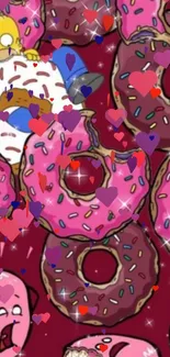 Colorful donuts and hearts wallpaper with vibrant pink hues.