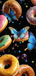 vibrant donuts and butterflies on a black background