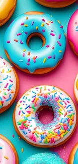 Vibrant donuts with colorful sprinkles on blue and pink background.