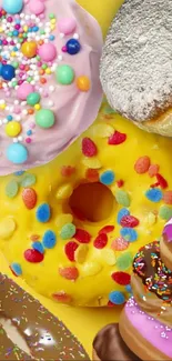 Bright and colorful donuts with sprinkles on a yellow background.