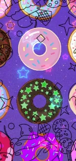 Vibrant donuts floating in a starry night sky with a purple backdrop.