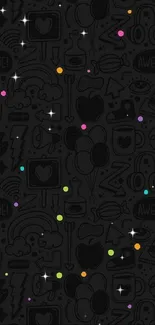 Dark wallpaper with vibrant doodles and colorful dots.