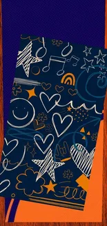 Vibrant doodle wallpaper with hearts and stars on navy background.