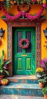 Colorful green door with vibrant decor.