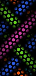 Colorful neon dots on a black background mobile wallpaper.