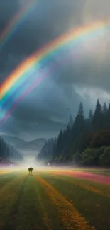 Vibrant double rainbow over a green forest with a dramatic sky.