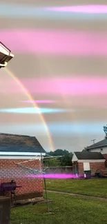 Double rainbow over brick houses in a serene neighborhood setting.