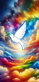 White dove flying amidst rainbow clouds in vibrant sky wallpaper.