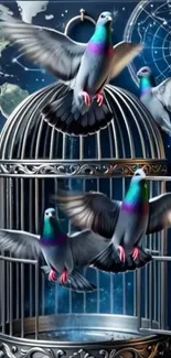 Colorful doves flying from ornate cage with cosmic background.