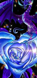 Fantasy dragon with blue rose wallpaper art.