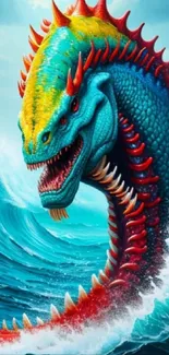 Vibrant dragon slithers through crashing ocean waves in colorful mobile wallpaper.