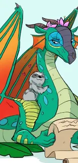 A colorful dragon with a sloth by its side.