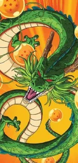 Green dragon on vibrant orange background with dragon balls.