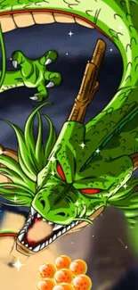 Vibrant green dragon with glowing eyes in anime style wallpaper.