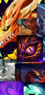 Colorful collage of vibrant dragon art in a fantasy style for mobile wallpaper.