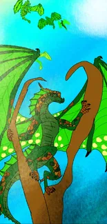 Vibrant green dragon art on blue background for mobile wallpaper.