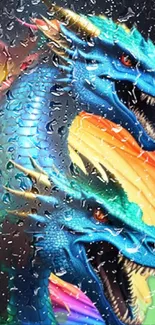 Vibrant dragon art wallpaper with raindrop effects and colorful scales.