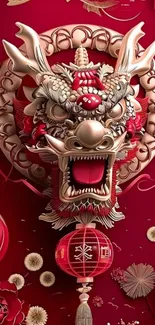 Decorative red dragon mobile wallpaper with intricate elements.