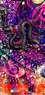 Black dragon on a vibrant, colorful intricate patterned background.