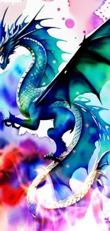 Vibrant dragon art with blue and green hues on colorful abstract background.