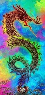 Vibrant dragon art with a multicolored background for mobile wallpaper.