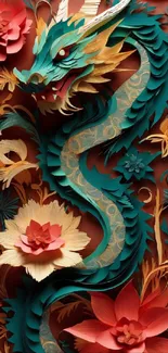 Vibrant teal dragon with floral design on mobile wallpaper.