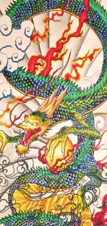 Vibrant dragon art with colorful flames on a dynamic background.