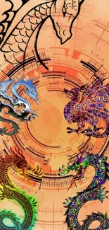 Vibrant digital art wallpaper with colorful dragons.