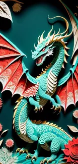 Intricate teal dragon design with red wings set against a decorative background.