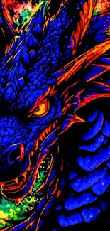 Neon colored dragon artwork with vibrant blue and orange scales.