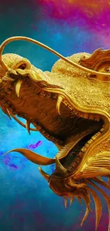 Golden dragon against a cyan-blue and purple sky.