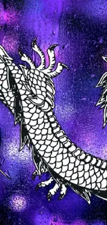 White dragon on vibrant purple and black background for mobile wallpaper.