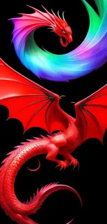 Vibrant red dragon with rainbow hues on a black background.