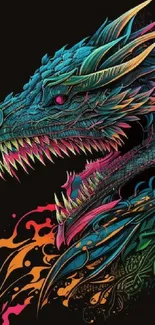 Vibrant dragon illustration with fiery colors on a dark background.