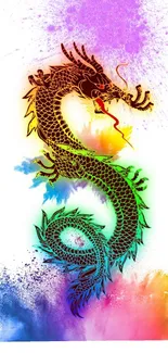 Colorful, abstract dragon artwork on a mobile wallpaper with splashes of color.