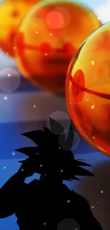 Luminous Dragon Balls with silhouette in vibrant anime art.