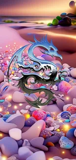 Vibrant dragon beach fantasy art with glowing stones on a colorful shore.