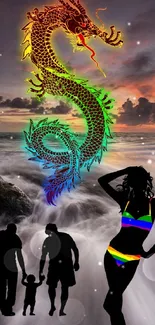 Rainbow dragon over ocean waves and silhouettes at sunset.