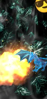 A blue dragon and explosion on dark leafy background.