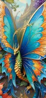 Vibrant dragon-like butterfly with colorful wings.