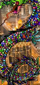 Colorful dragon over cityscape wallpaper with vibrant scales.