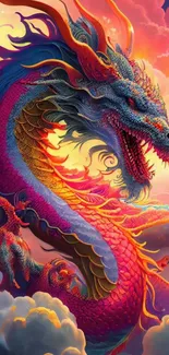 Vibrant dragon soaring amidst colorful clouds and sunset hues.